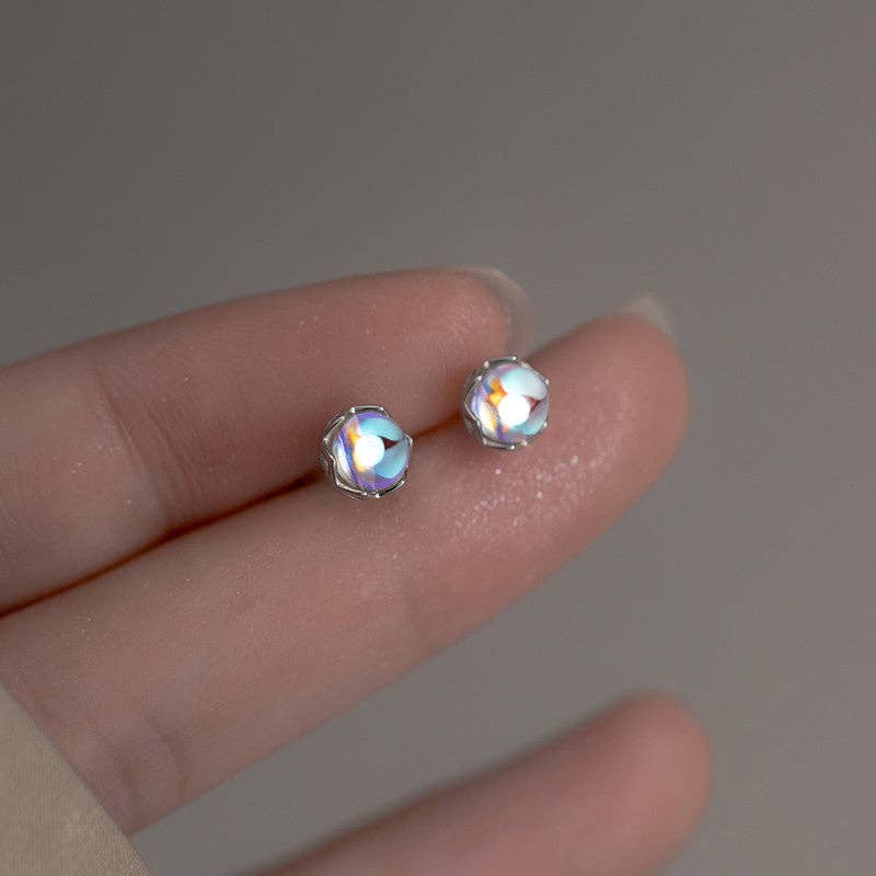 Tiny Round Moonstone Stud Earrings in 925 Sterling Silver