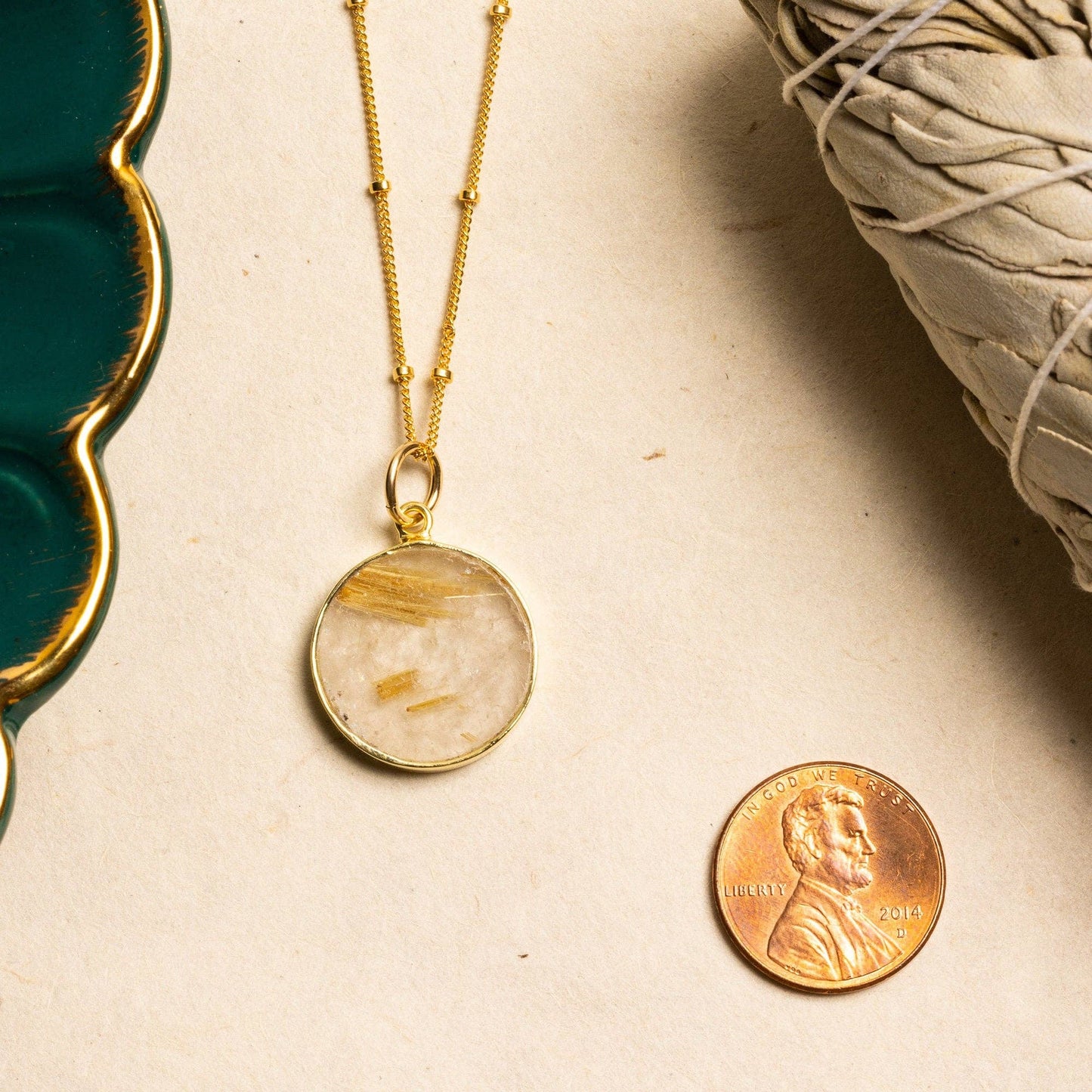 Golden Rutilated Quartz Gold Circle Pendant Necklace