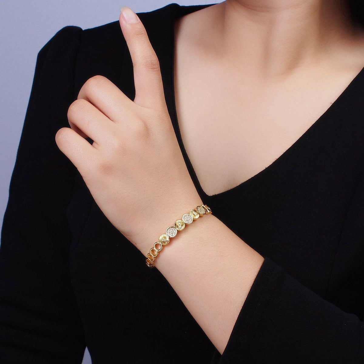 Silver Sunflower Sunburst Textured CZ Cuff Bracelet