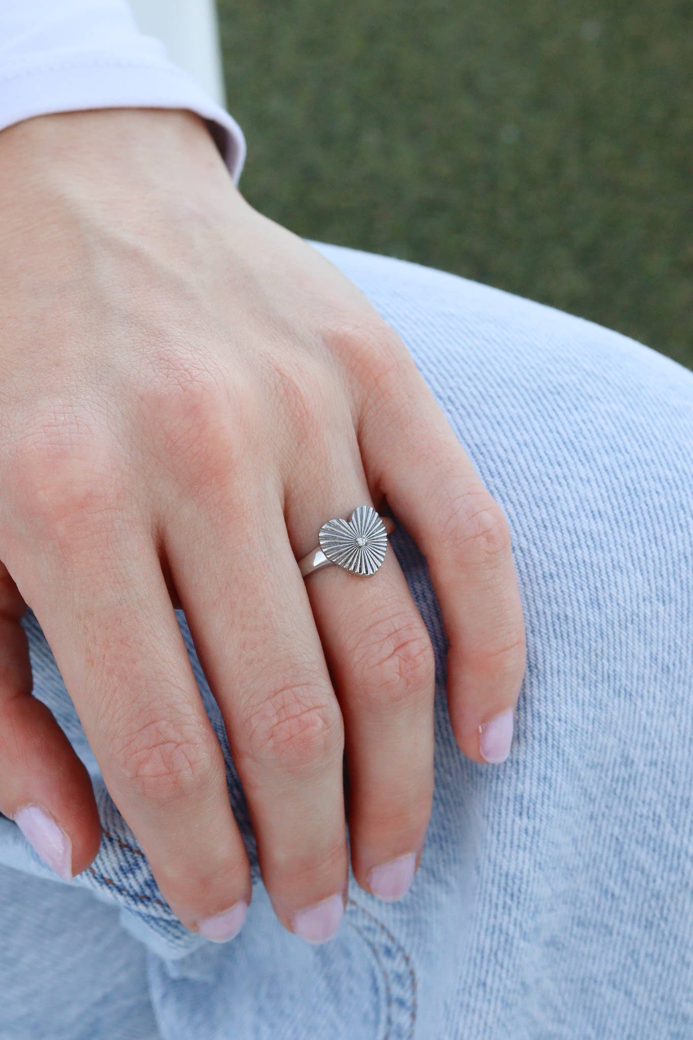 Stainless Steel Cubic Zirconia Sunburst Heart Ring