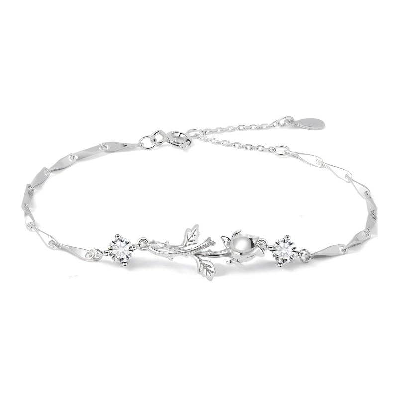 Rose Flower Twig Twisted Bar Bracelet in 925 Sterling Silver