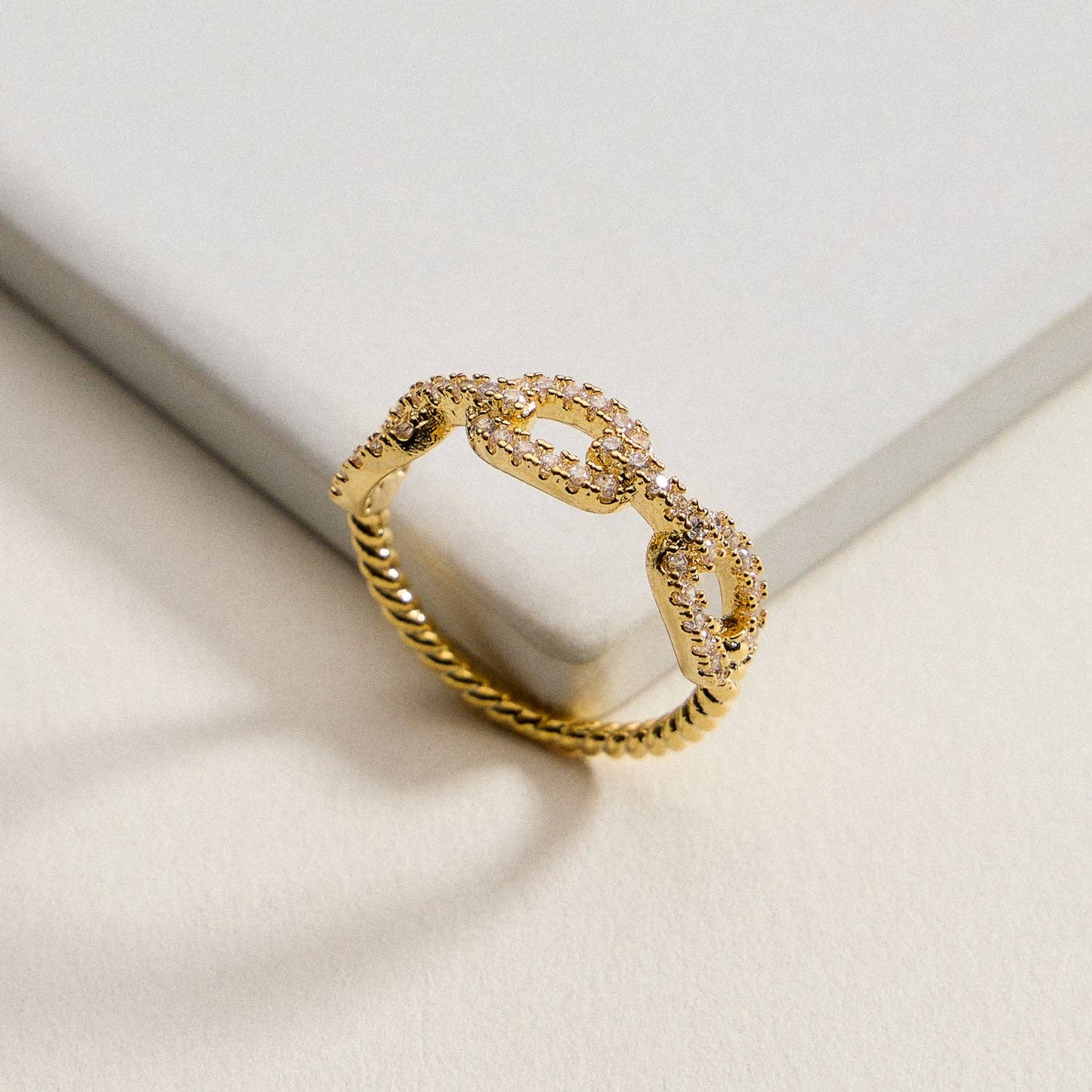18K Gold Filled CZ Oval Link Ring | Twisted Rope Band Statement Ring