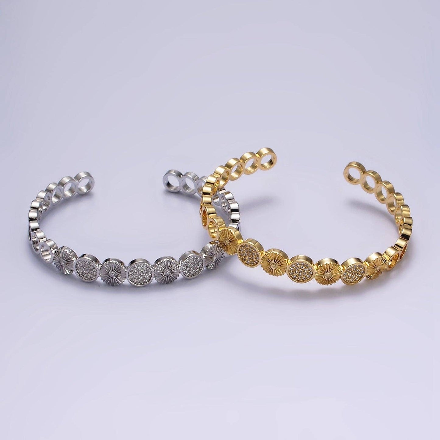 Silver Sunflower Sunburst Textured CZ Cuff Bracelet
