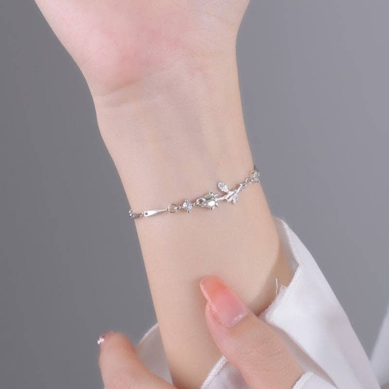 Rose Flower Twig Twisted Bar Bracelet in 925 Sterling Silver
