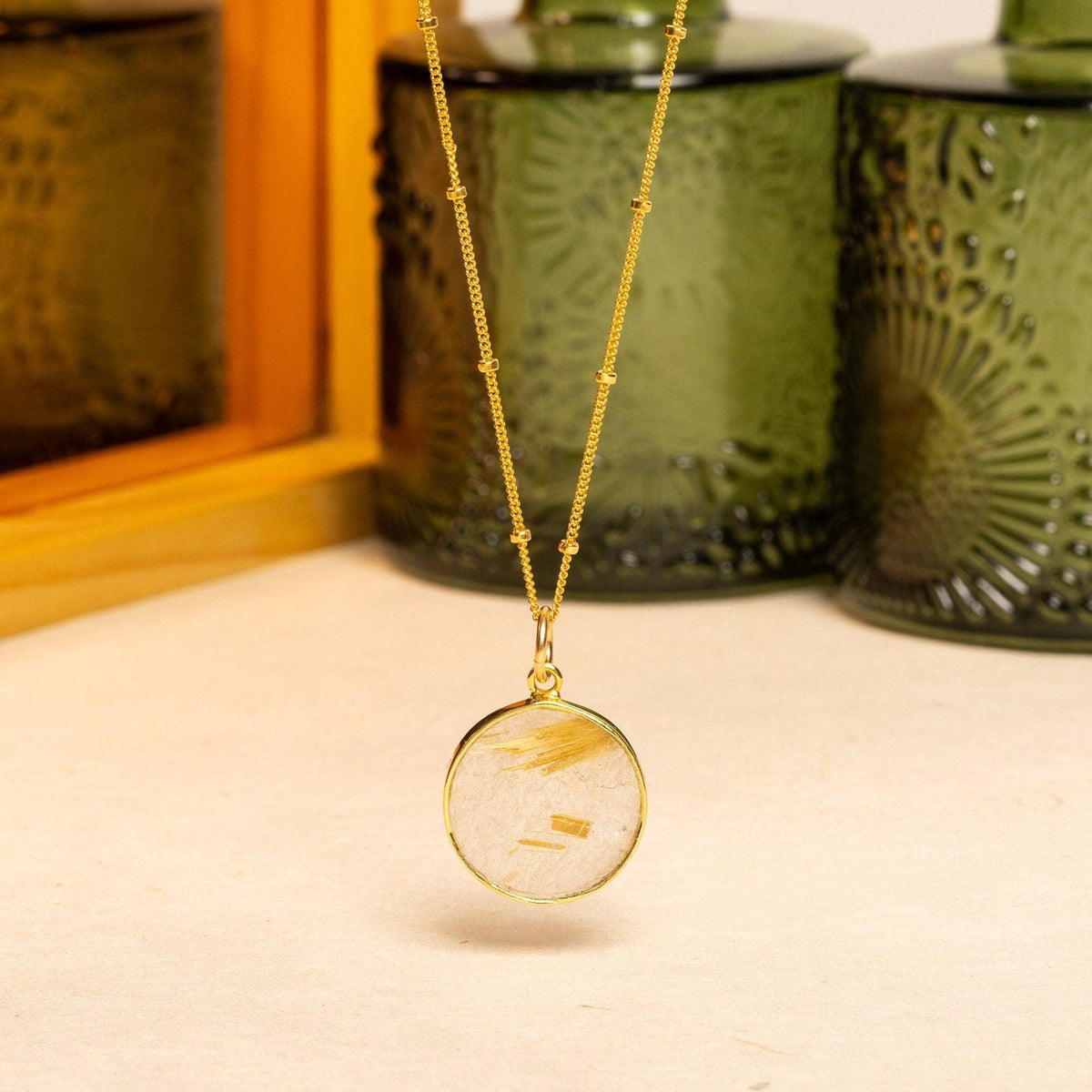 Golden Rutilated Quartz Gold Circle Pendant Necklace