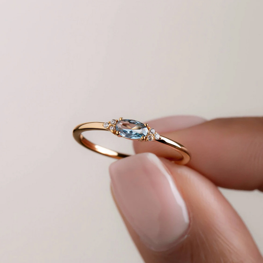 Oval Cut Blue Gemstone Thin Band Ring in 925 Sterling Silver