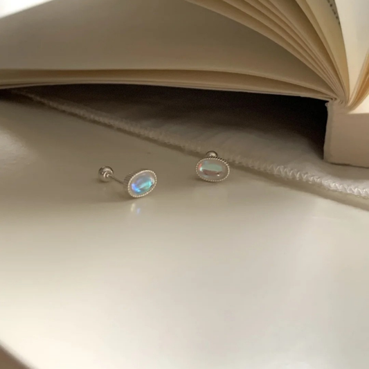 Oval Moonstone Cabochon Stud Earrings in 925 Sterling Silver