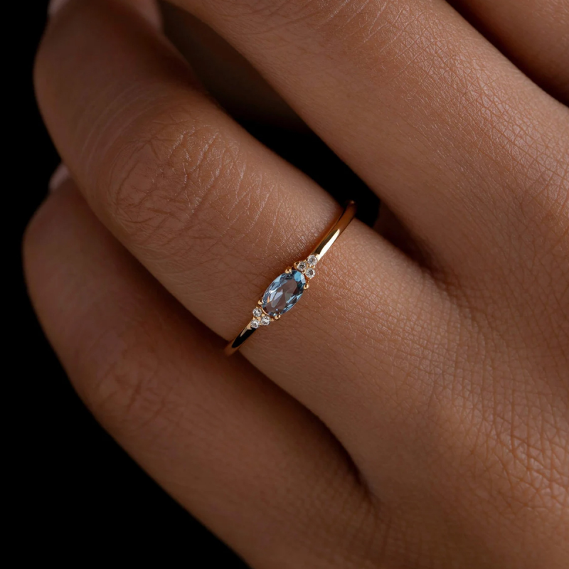 Oval Cut Blue Gemstone Thin Band Ring in 925 Sterling Silver