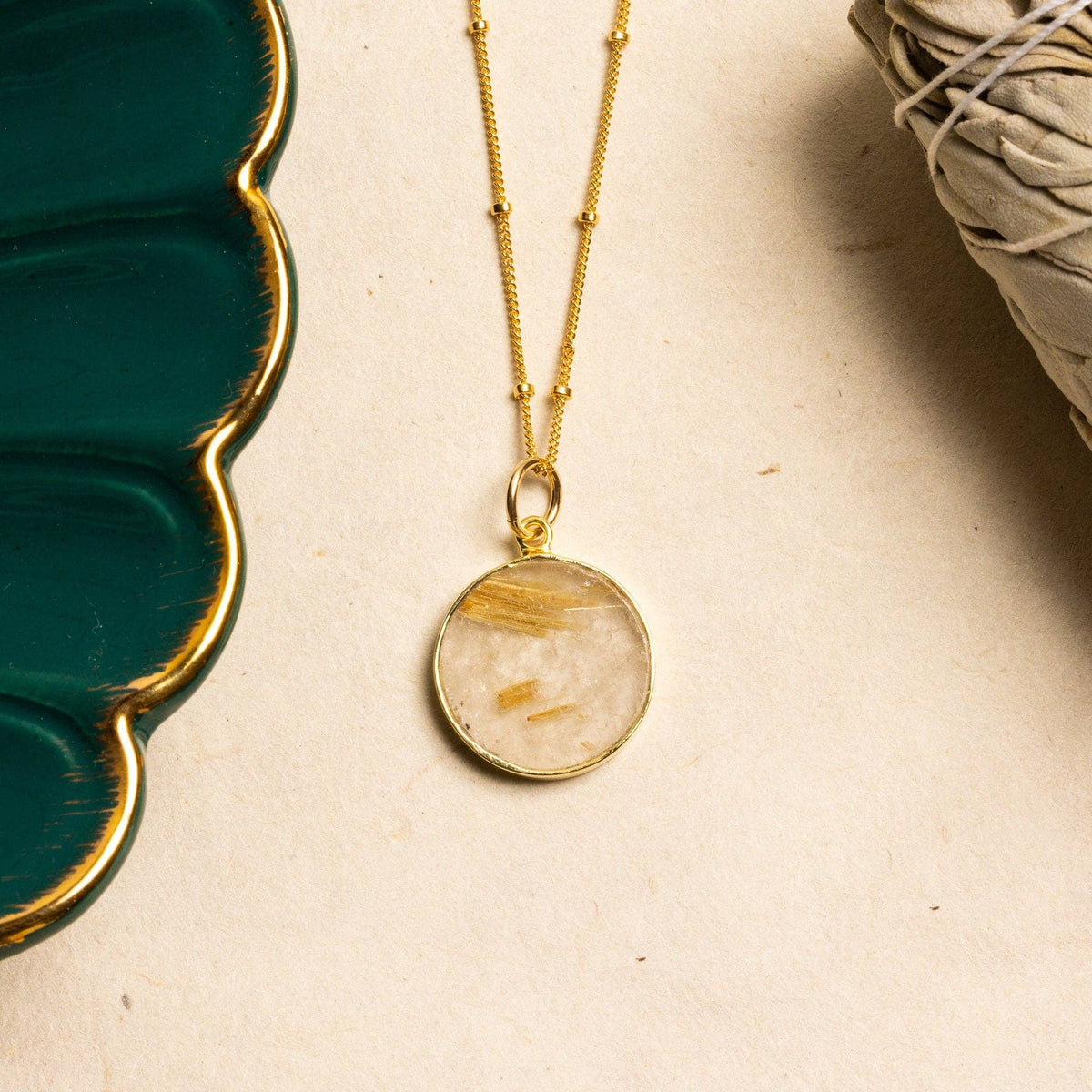 Golden Rutilated Quartz Gold Circle Pendant Necklace