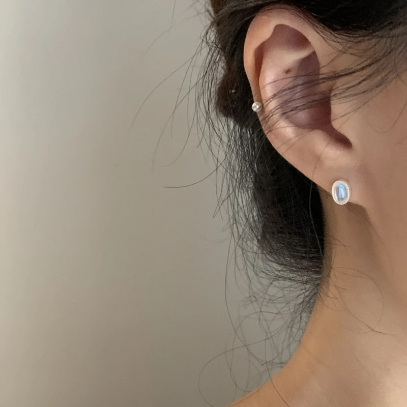 Oval Moonstone Cabochon Stud Earrings in 925 Sterling Silver