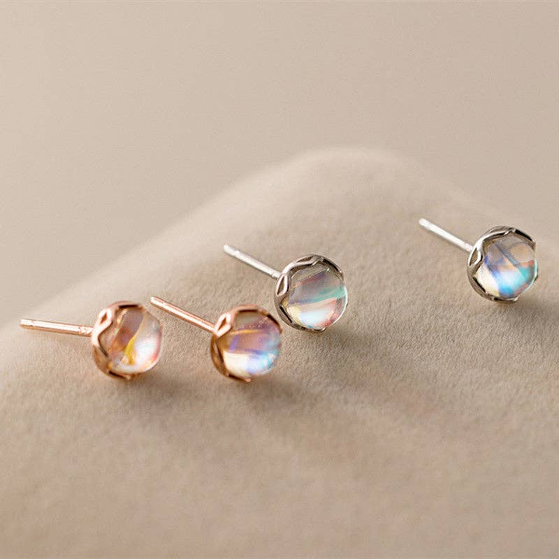Tiny Round Moonstone Stud Earrings in 925 Sterling Silver