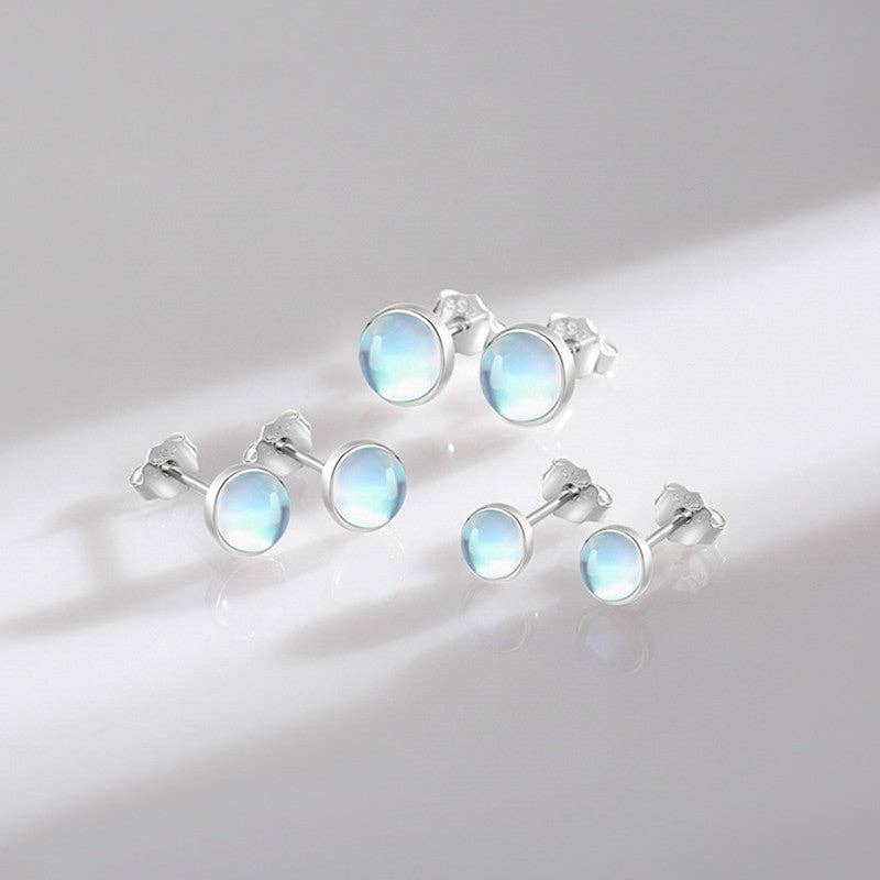 Tiny Small Round Moonstone Earrings in 925 Sterling Silver