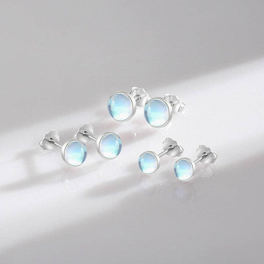 Tiny Small Round Moonstone Earrings in 925 Sterling Silver