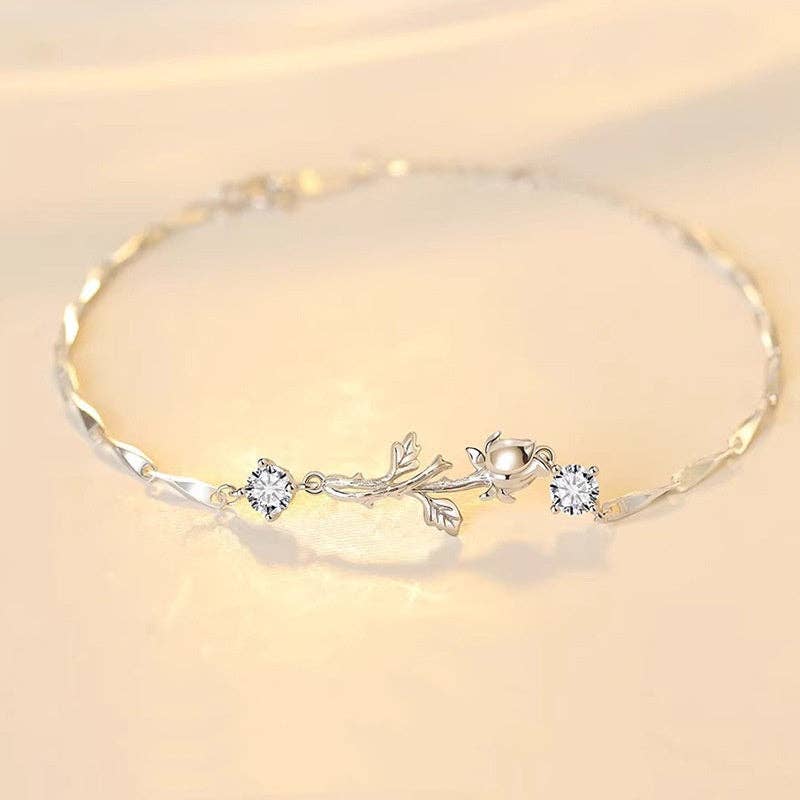 Rose Flower Twig Twisted Bar Bracelet in 925 Sterling Silver