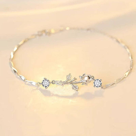 Rose Flower Twig Twisted Bar Bracelet in 925 Sterling Silver