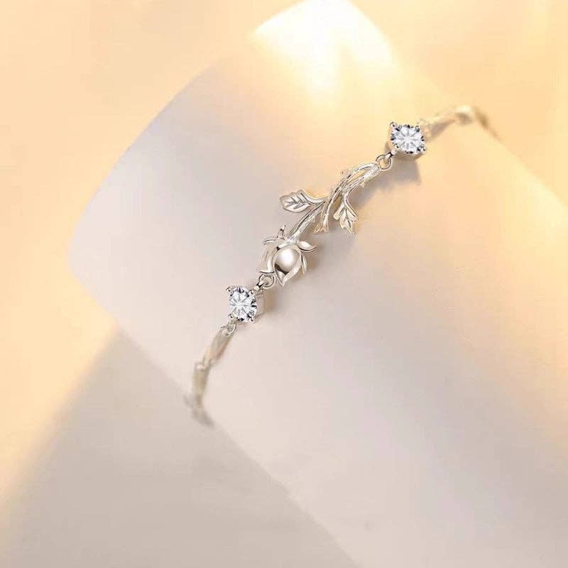 Rose Flower Twig Twisted Bar Bracelet in 925 Sterling Silver