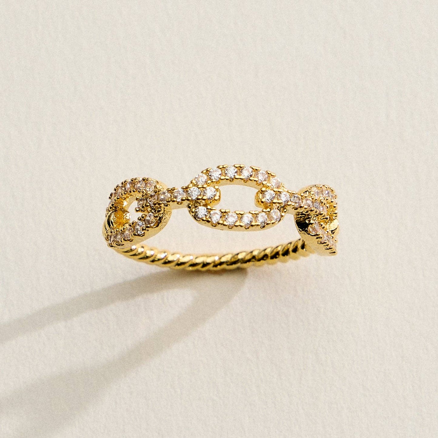 18K Gold Filled CZ Oval Link Ring | Twisted Rope Band Statement Ring