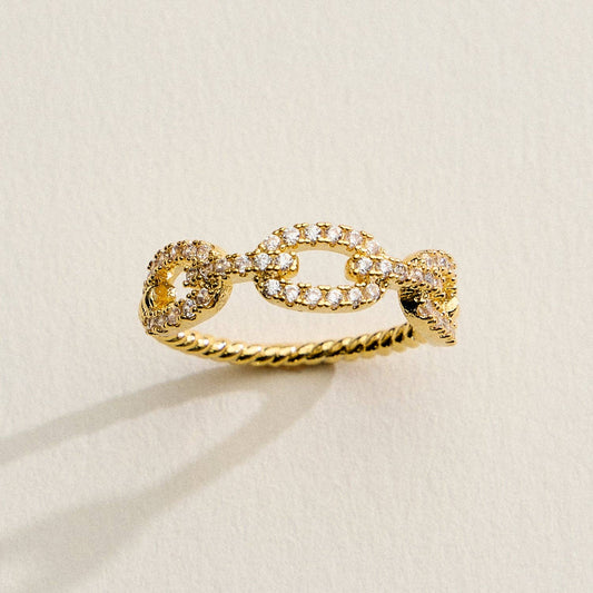 18K Gold Filled CZ Oval Link Ring | Twisted Rope Band Statement Ring