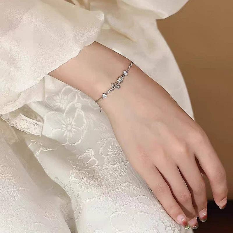 Rose Flower Twig Twisted Bar Bracelet in 925 Sterling Silver