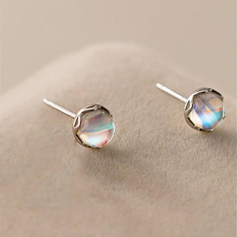 Tiny Round Moonstone Stud Earrings in 925 Sterling Silver
