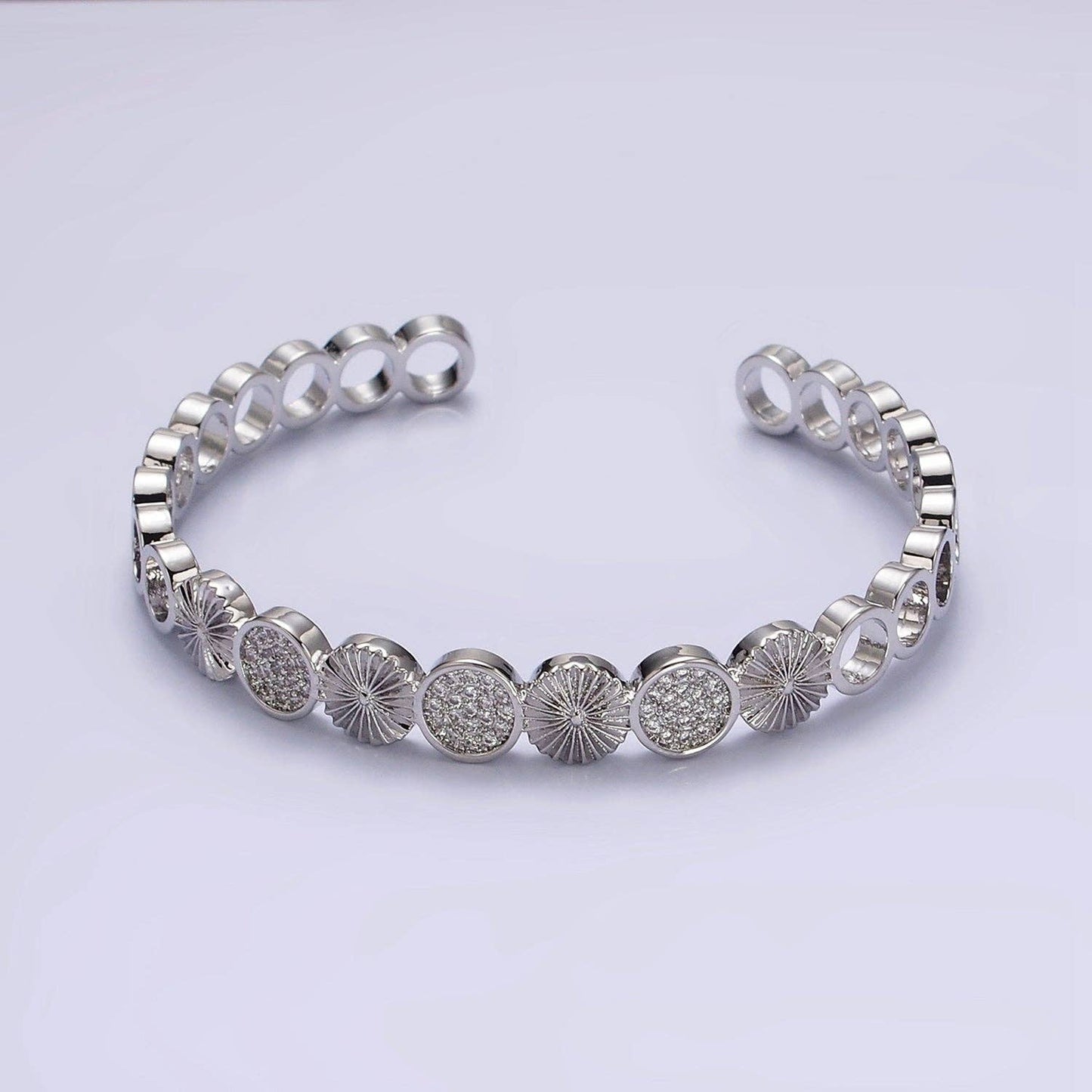 Silver Sunflower Sunburst Textured CZ Cuff Bracelet
