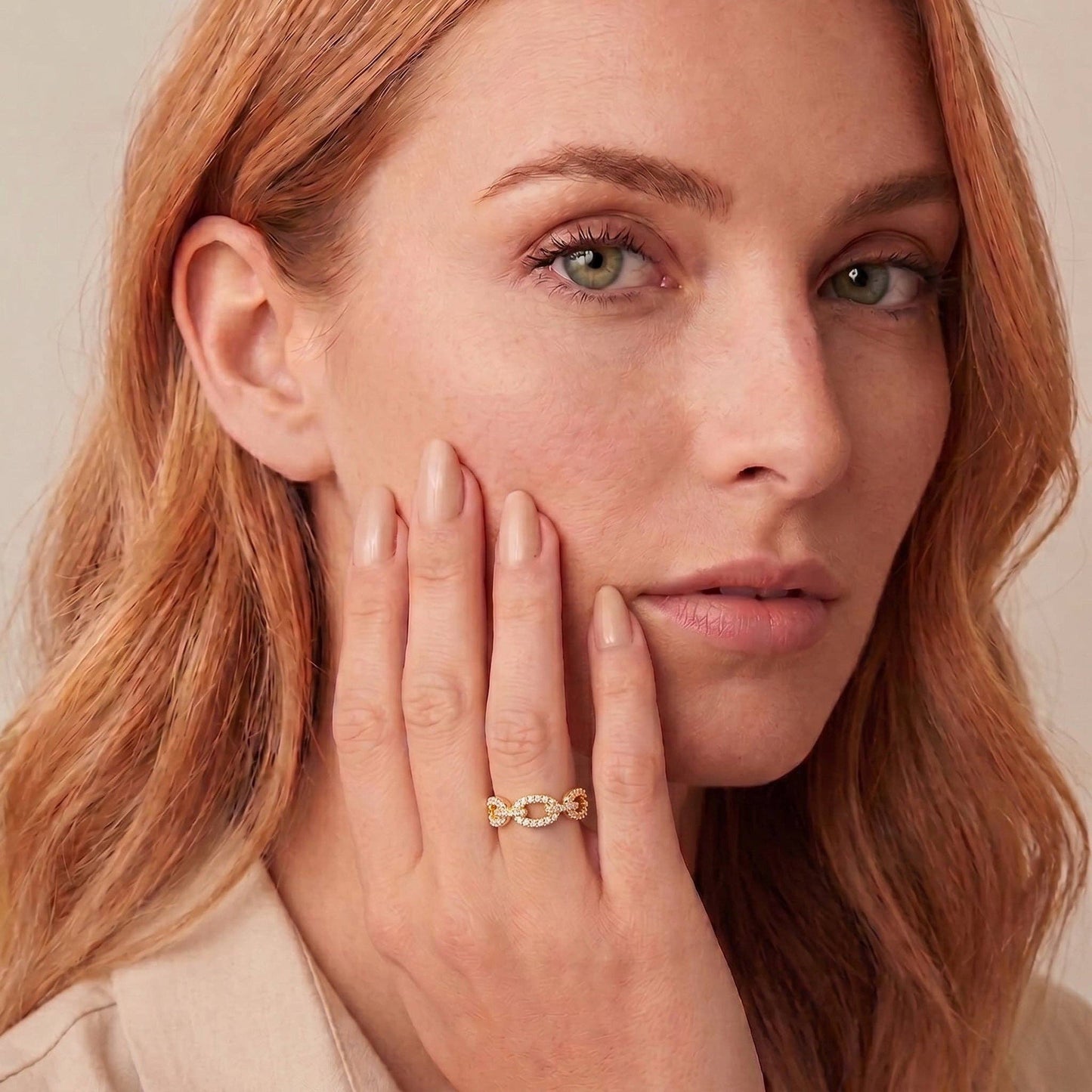 18K Gold Filled CZ Oval Link Ring | Twisted Rope Band Statement Ring