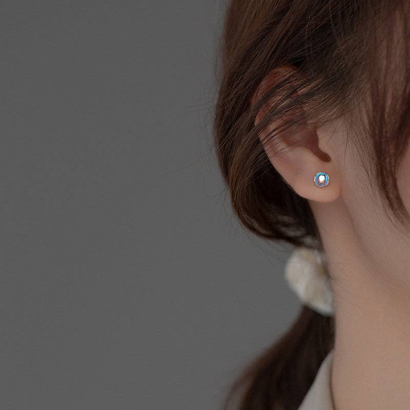 Tiny Round Moonstone Stud Earrings in 925 Sterling Silver