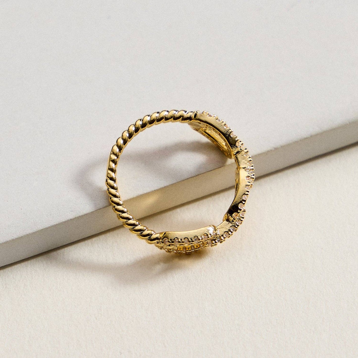 18K Gold Filled CZ Oval Link Ring | Twisted Rope Band Statement Ring