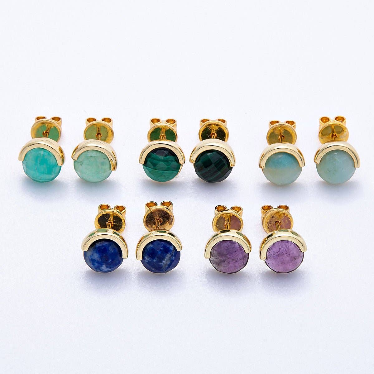 16K Gold Filled Aquamarine, Lapis Lazuli, Amethyst, Amazonite, Aventurine Natural Gemstone Round Molten Studs | Earrings-00211 ~ Earrings-00215